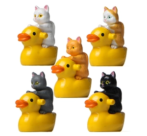 Set of five miniature cat figurines riding yellow rubber ducks for garden landscape decor