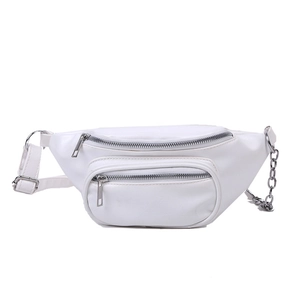 White leather waist bag with silver metal zippers and chain strap in centered flat lay