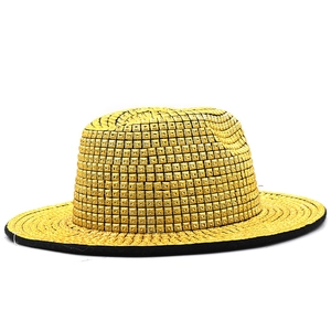 Classic gold pyramid rivet fedora hat with elegant black trim on a pure white background