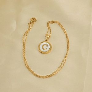 18K gold plated stainless steel necklace with round white shell letter C pendant