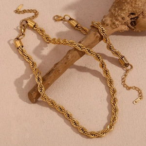 18K gold plated stainless steel twisted rope chain necklace and bracelet jewelry set