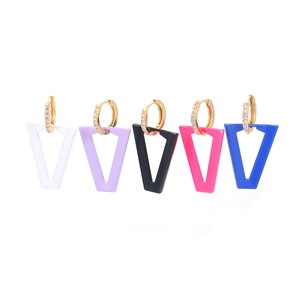 Set of five colorful geometric triangle drop earrings with gold hoops and white zircons