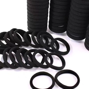 Detailed macro view of seamless black high-elastic hair ties in a bulk set arrangement