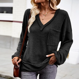 Women Waffle Knit Sweater Top V Neck Long Sleeve Pullover With Pocket Loose Casual Solid Color Autumn Winter Knitwear
