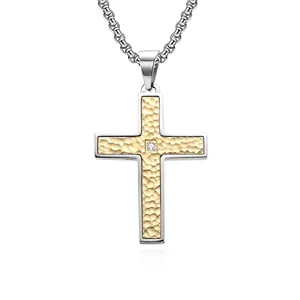 Cross Pendant Necklace Hammered Texture Stainless Steel Round Zircon Retro Religious Jewelry For Men Women