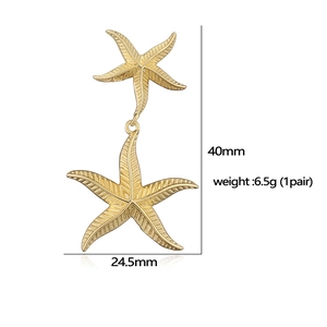 Golden starfish dangle earrings with detailed texture, measuring 40mm long by 24.5mm wide