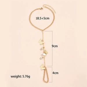 Golden butterfly hand chain with rhinestones and detailed product measurements