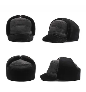 Multiple views of men's winter faux suede trapper hat with warm plush ear flaps