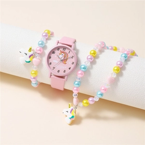 Kids Girls Quartz Watch PU Leather Strap Alloy Case Unicorn Pattern Cartoon Student Casual Accessory Bracelet Necklace