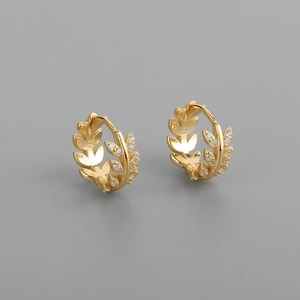 Elegant S925 sterling silver gold-plated leaf hoop earrings with shimmering zircons