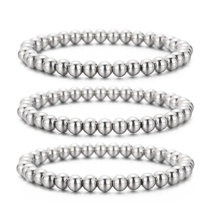 Three-piece set of polished metal bead elastic bracelets in minimalist silver finish