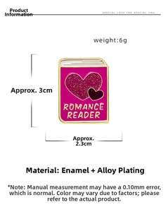 Detail view of pink romance reader book enamel pin with glitter heart and dimensions