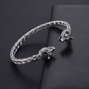 Nordic viking style wolf head open cuff bracelet with woven metal cable texture