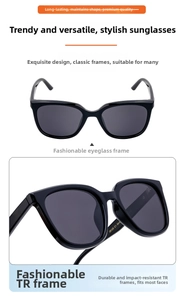Detail view of black TR90 square frame sunglasses showing front and side profile shots