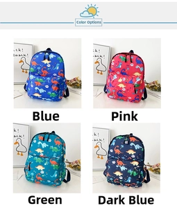 Detail showcasing four colorful dinosaur print backpacks for kids in various colors