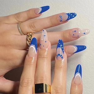 Press On Nails Almond Shape French Blue White Star Pattern Glossy False Nail Tips Elegant Manicure For Women