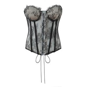 Black Floral Lace Corset Top Strapless Slimming Bustier With Front Metal Busk And Lace Up Back For Women Elegant
