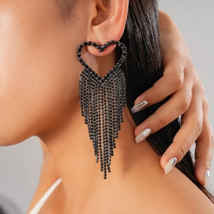 Exaggerated black heart tassel earrings with rhinestones for a gothic luxury style