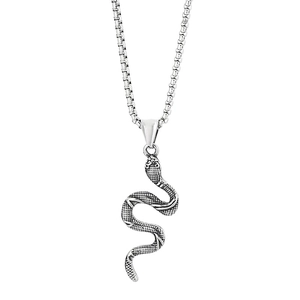 Vintage stainless steel snake pendant necklace with box chain and oxidized silver finish