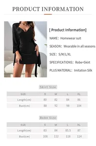 Tableau des tailles pour ensemble pyjama et robe en soie artificielle noire pour femme