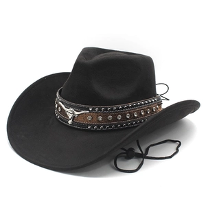 Black faux suede cowboy hat with silver bull head ornament and sparkling rhinestones