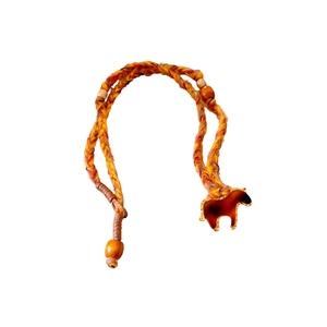 Handmade woven cord necklace featuring a red wooden horse pendant and natural beads