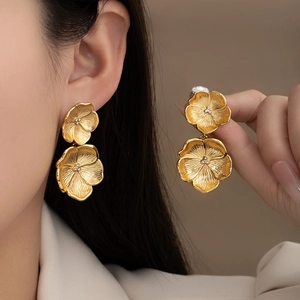 Vintage gold 18K plated stainless steel double flower earrings for elegant women style