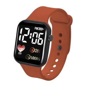 Brown silicone strap LED watch showing digital time, heart rate, and step count details