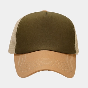 Detail of two-tone mesh trucker hat with olive front and khaki brim on white background