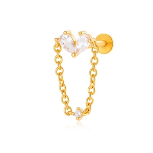 Golden heart chain ear stud with cubic zirconia and flat back titanium post