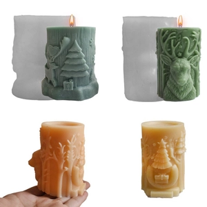 3D Relief Reindeer Christmas Tree Silicone Candle Mold Cylindrical Forest Elk DIY Soap Resin Crafting Tool Festive Decor