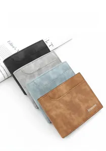 Men's matte leather short wallets in black, grey, blue, and brown stacked on a table