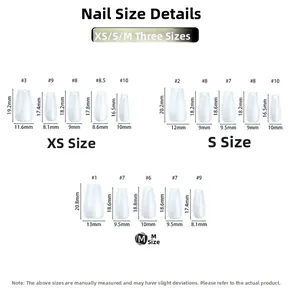 Detailed sizing chart for mermaid style press-on nails showing XS, S, and M measurements