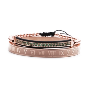 Ensemble de trois bracelets jonc chiffres romains or rose et zircon vert tressé