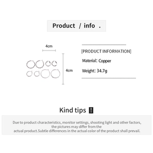 Detailed chart showing copper material and 34.7g weight for geometric hoop earring set