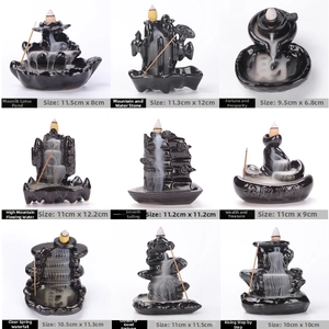 Detailed grid of nine black ceramic backflow incense burners with traditional Chinese motifs