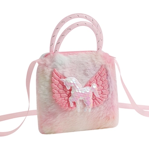 Pink plush unicorn shoulder bag for girls with sequins wings and crossbody strap