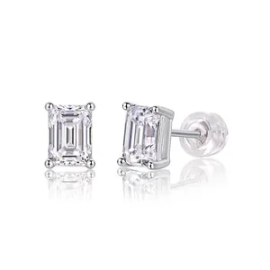 Elegant emerald cut moissanite stud earrings in 925 sterling silver with four-prong setting