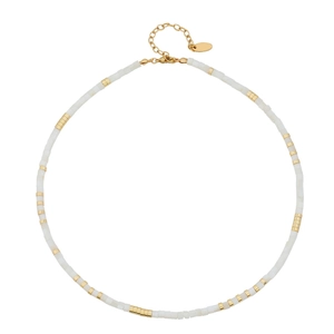 Minimalist white shell beaded necklace with gold brass plating and adjustable lobster clasp