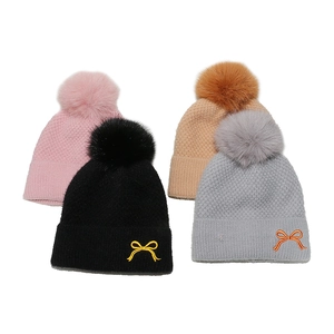 Winter Knitted Beanie Hat Acrylic Warm With Faux Fur Pom-pom And Bowknot Embroidery For Women
