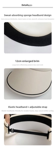 Detail of beige sun visor with 12cm enlarged brim and sweat-absorbent inner headband