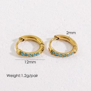 Detailed view of 12mm gold stainless steel hoop earrings with turquoise stones and dimensions