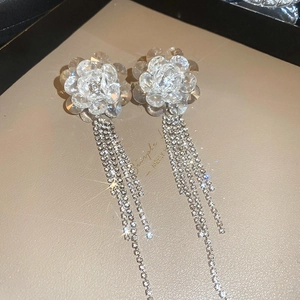 Elegante Kristall-Blumenohrringe mit langen Strass-Quasten und hochwertigen Silbernadeln