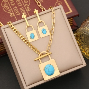 Stainless Steel Turquoise Padlock Pendant Necklace Bracelet Ring And Earrings Vintage Personality Jewelry For Women