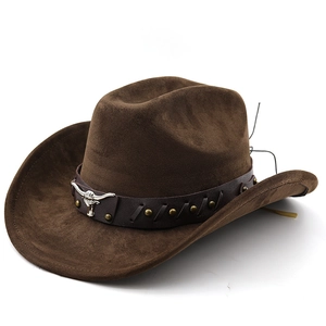 Dark brown suede western cowboy hat with silver bull head emblem and metal rivets