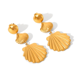 Elegant gold-tone triple shell drop earrings with polished finish on white background