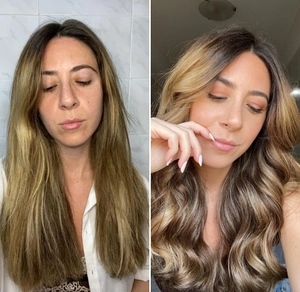Before and after comparison showing heatless velvet curling rod results on long hair