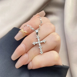 Cross Pendant Necklace With Stainless Steel Chain Copper Zircon Rhinestone Religious Retro Fashion Jewelry For Women
