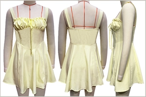 Three-view layout of a pale yellow tube top dress featuring front pleated waist details