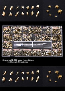 Detail of 21-grid mineral gold nail art rhinestone kit with flatback crystals and dotting pen